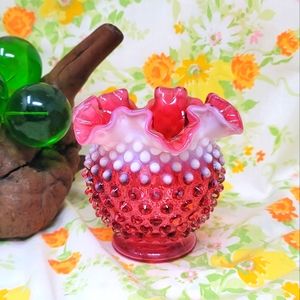 FENTON HOBNAIL CRANBERRY OPALESCENT ART GLASS RUFFLE RIM
